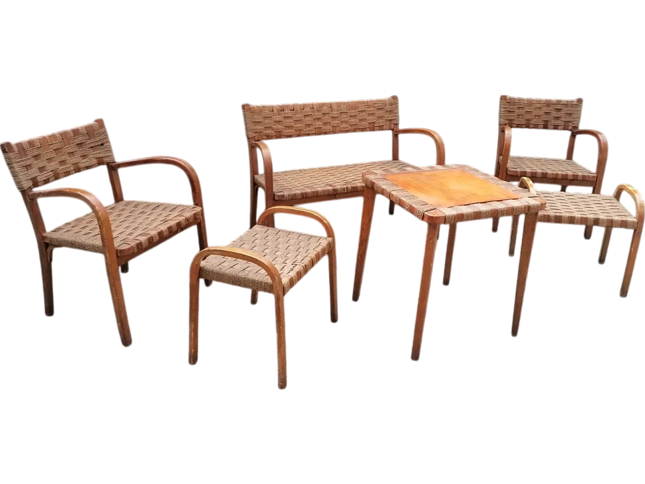 Salotto in legno curvo e corda nello stile di Giuseppe Pagan, anni '40 6