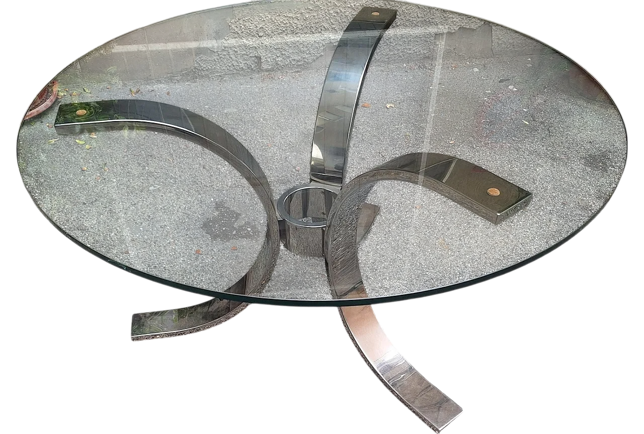 Tavolo da pranzo rotondo in tubo di metallo cromato con ripiano rotondo in vetro, anni '70 5