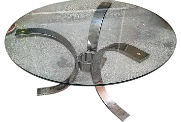 Tavolo da pranzo rotondo in tubo di metallo cromato con ripiano rotondo in vetro, anni '70