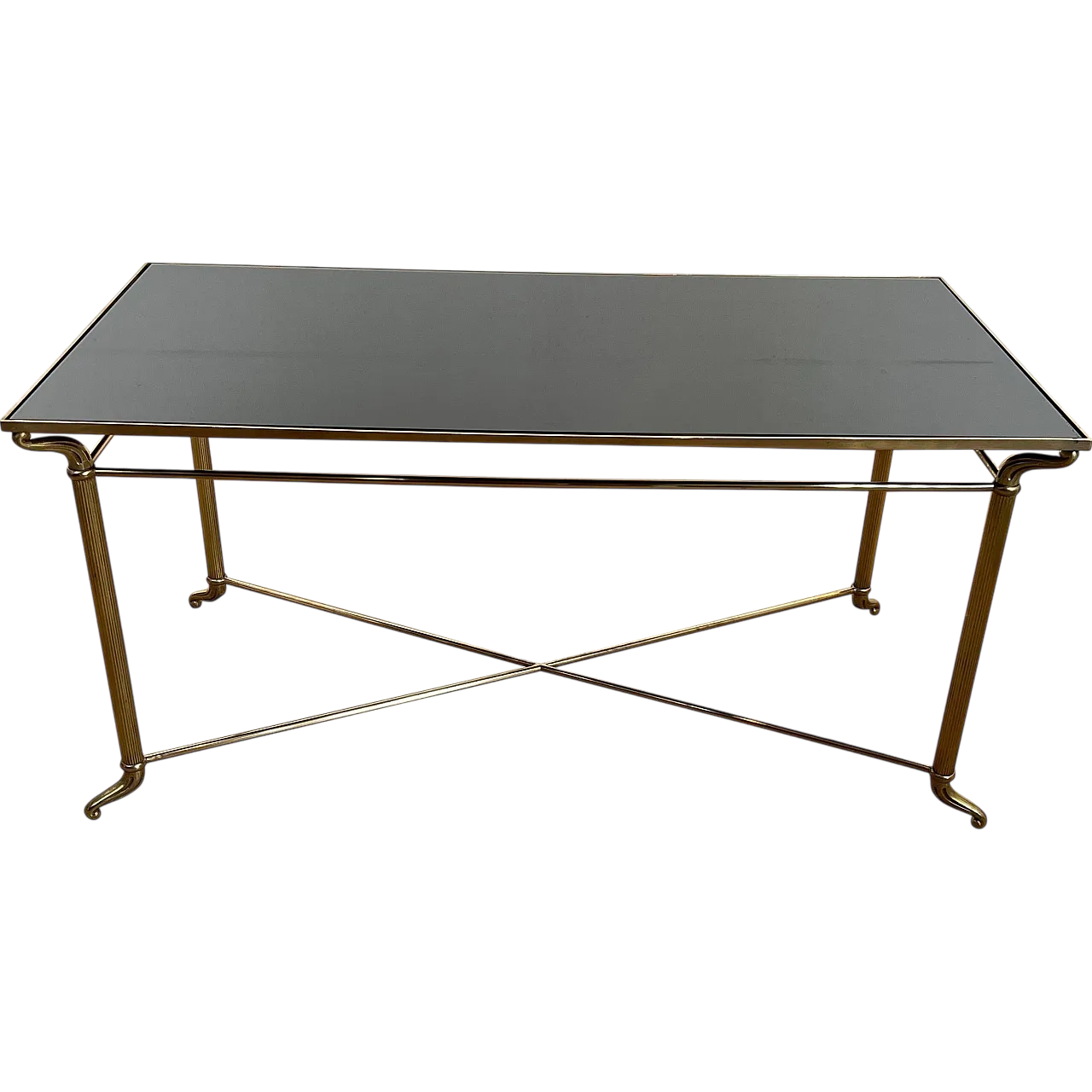 Tavolino in ottone con piano in vetro laccato nero, anni '40 21