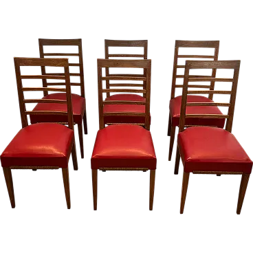 6 sedie in quercia con 4 sedute in ecopelle, anni '40