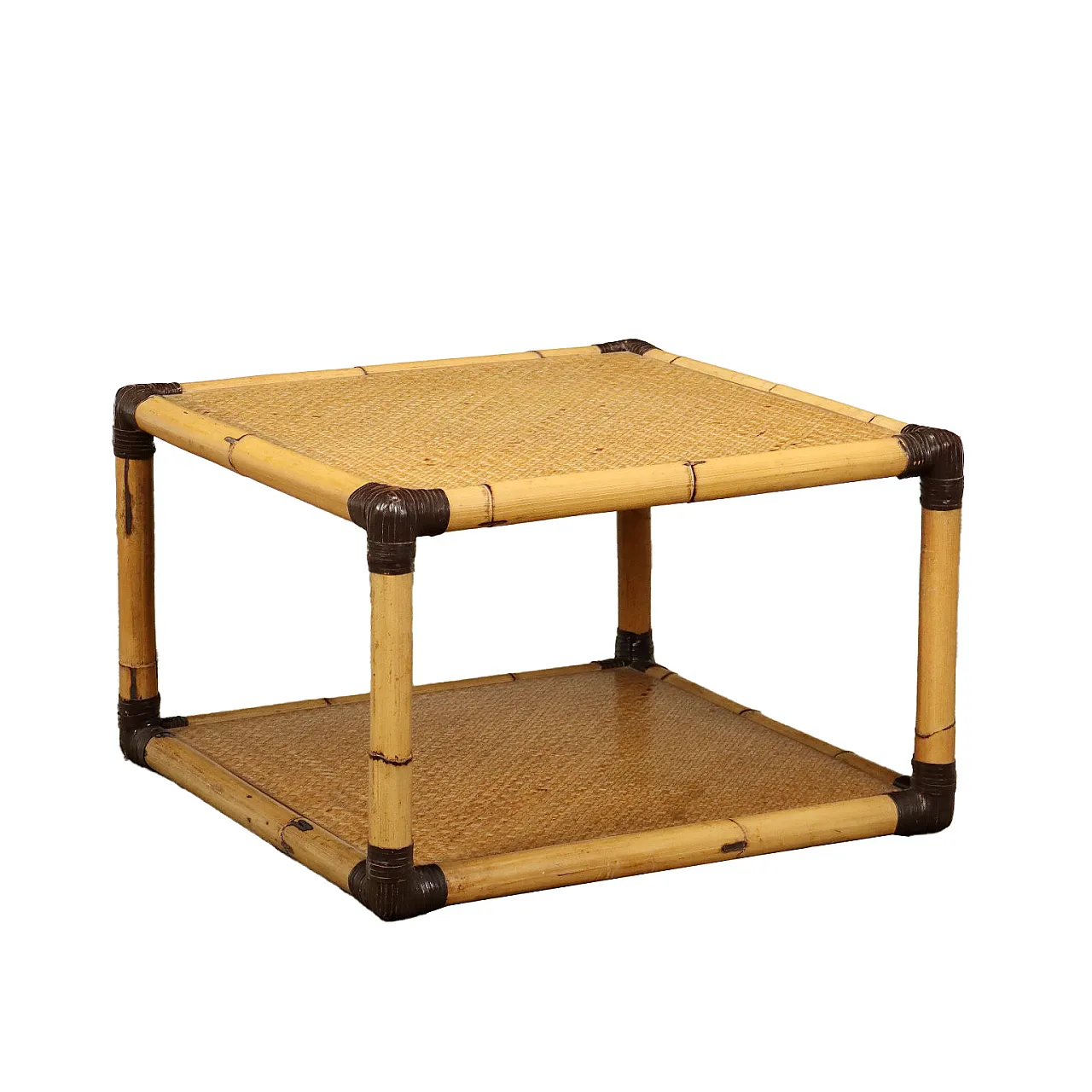 Square bamboo coffee table with double shelf, 1980s 1
