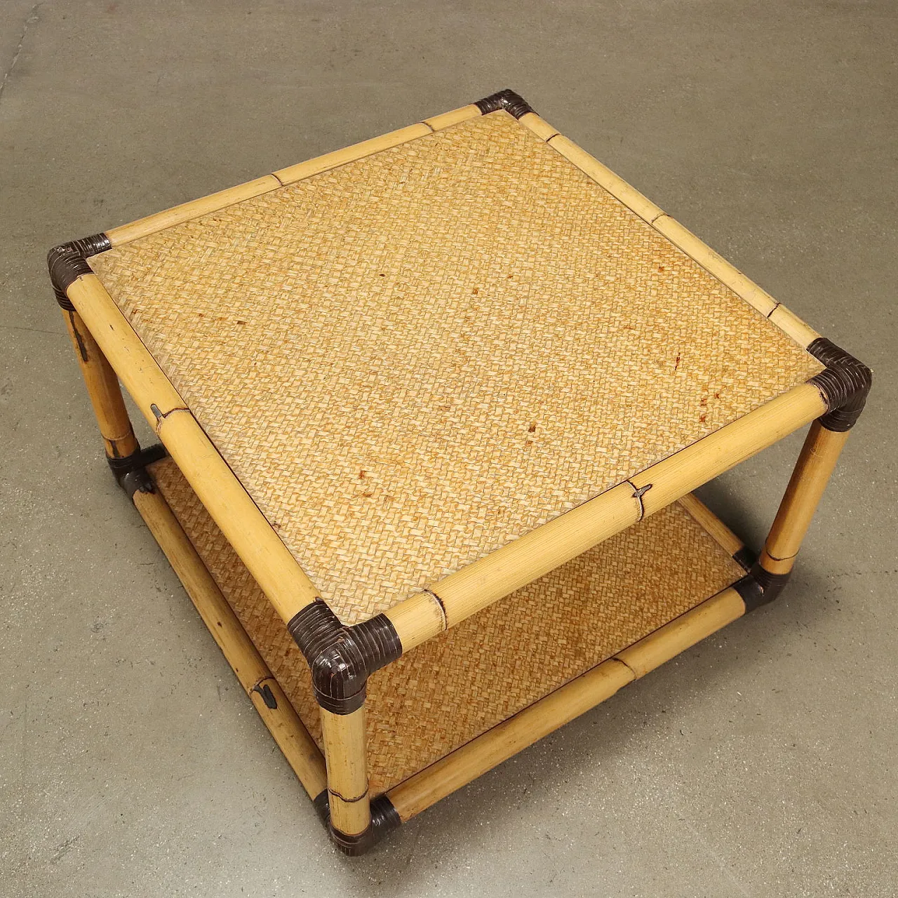 Square bamboo coffee table with double shelf, 1980s 5