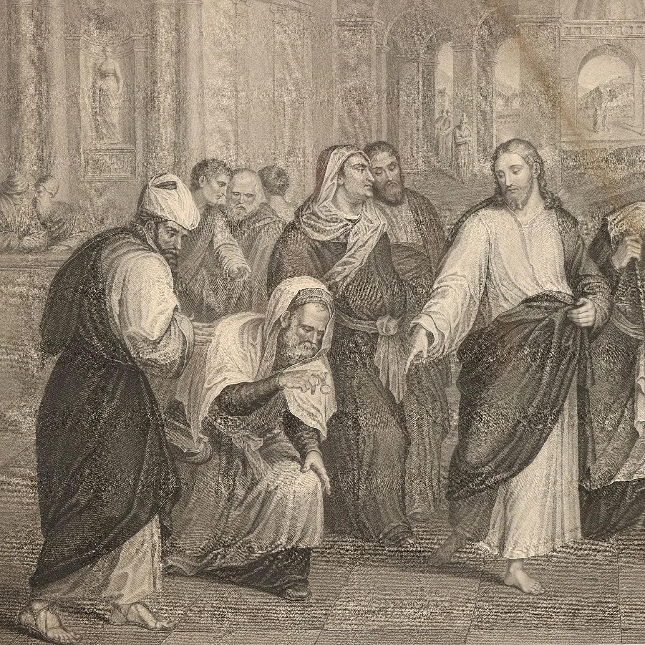 Charge of the adulterous woman, print in elm frame, 19th century 7