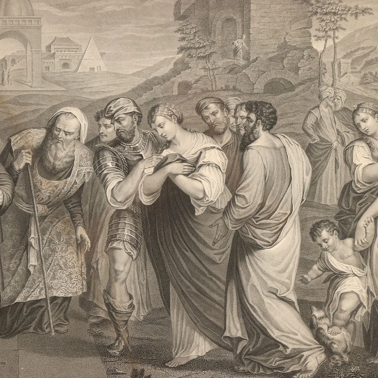 Charge of the adulterous woman, print in elm frame, 19th century 8