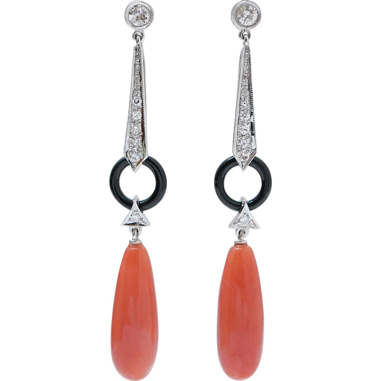 Platinum earrings with coral, onyx, diamonds, 1970s 6