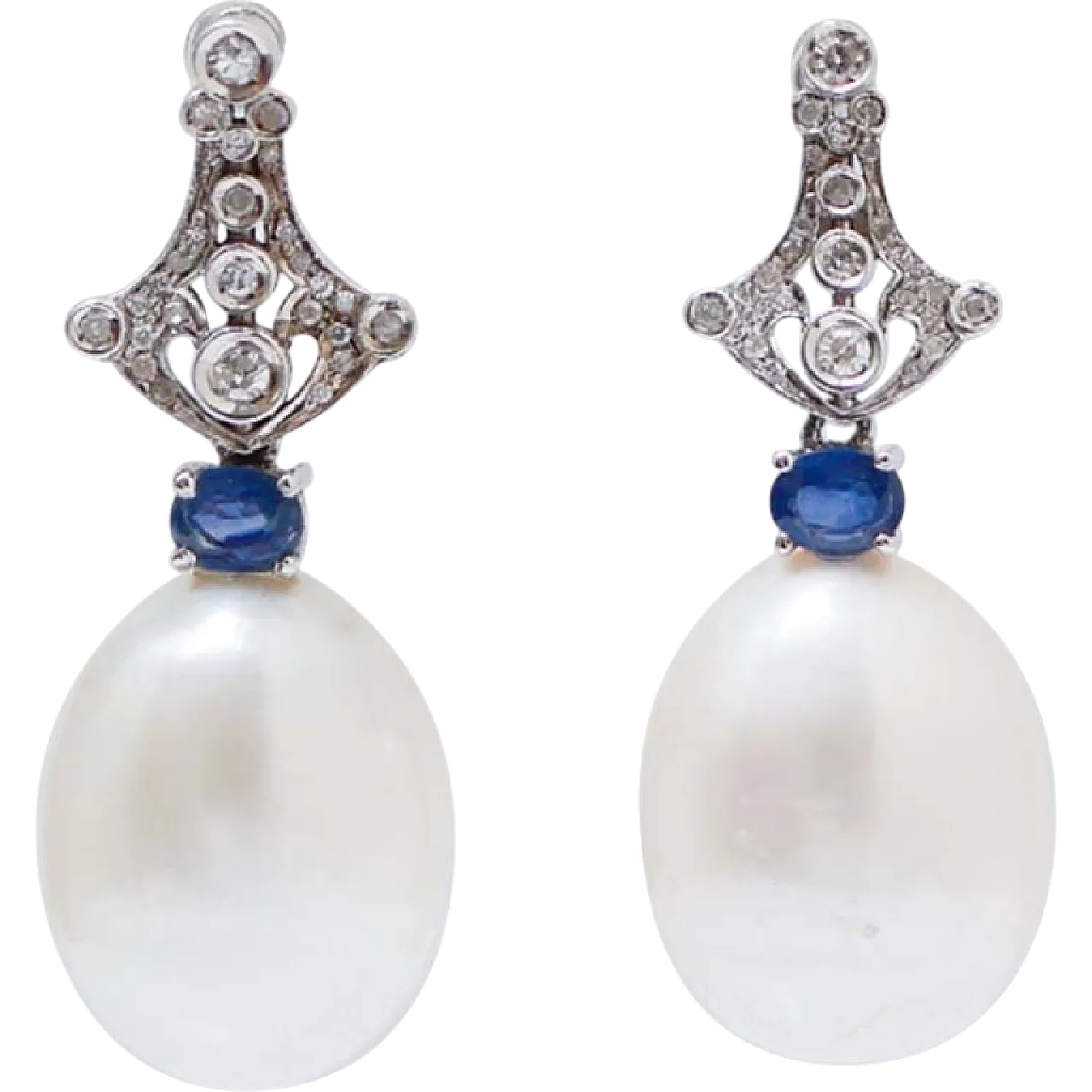 White gold earrings with pearls, diamonds, sapphires, 1970s 7