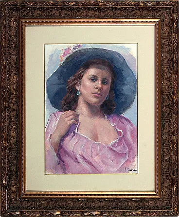 Portrait of a woman with hat by Salvatore Ciaurro, 1980s