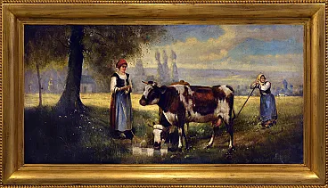 Pastoral Scene with Cows by Emilio Pergola, oil on canvas, 1990s