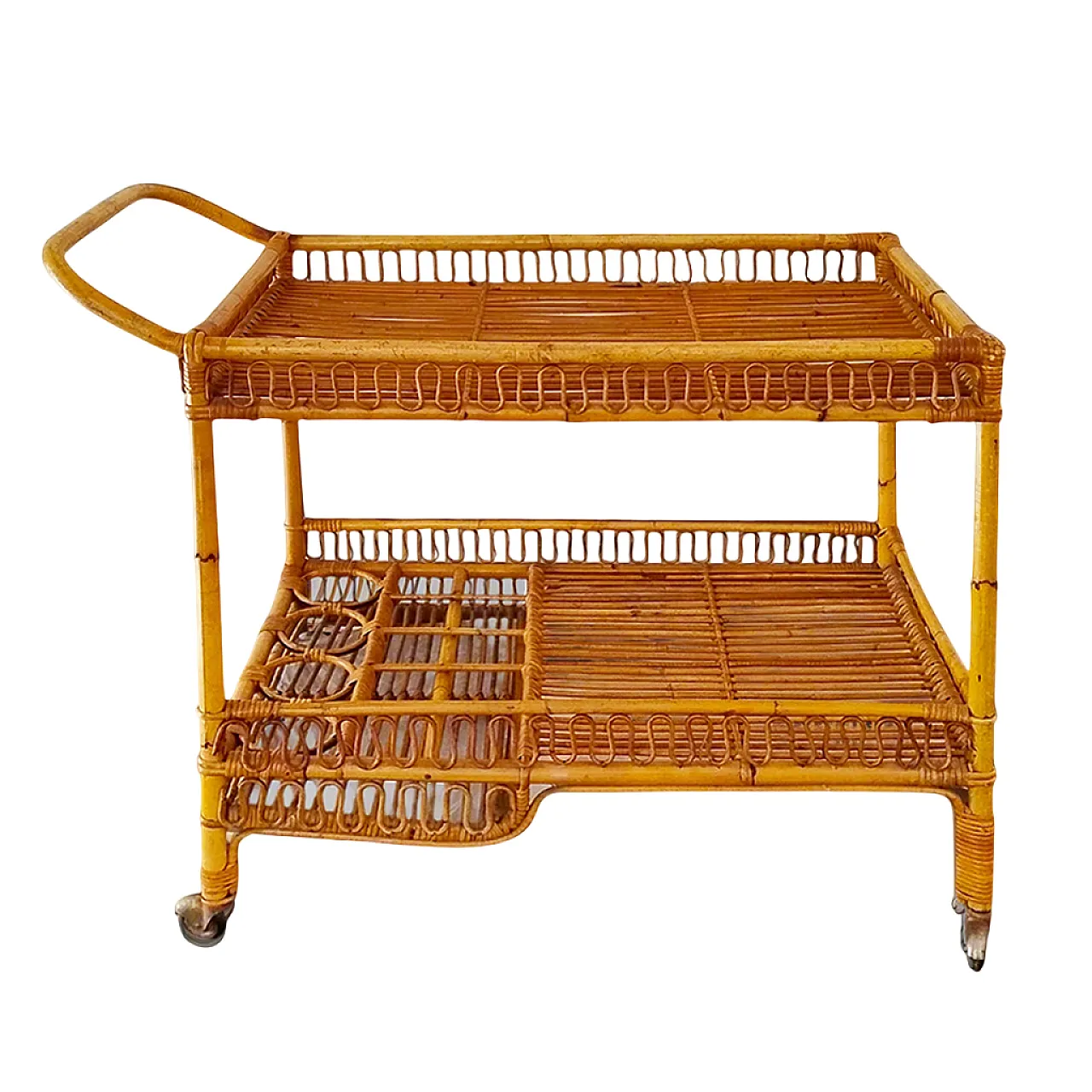 Bamboo & Rattan Serving Bar Cart Trolley by Franco Albini, 60s 1