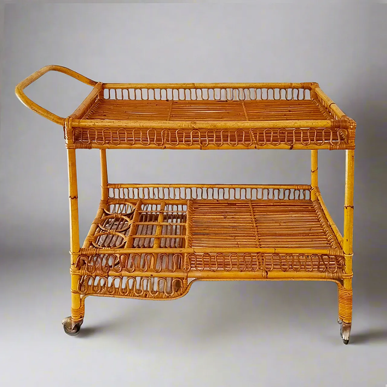 Bamboo & Rattan Serving Bar Cart Trolley by Franco Albini, 60s 2
