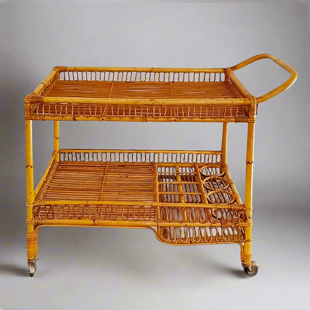 Bamboo & Rattan Serving Bar Cart Trolley by Franco Albini, 60s 3