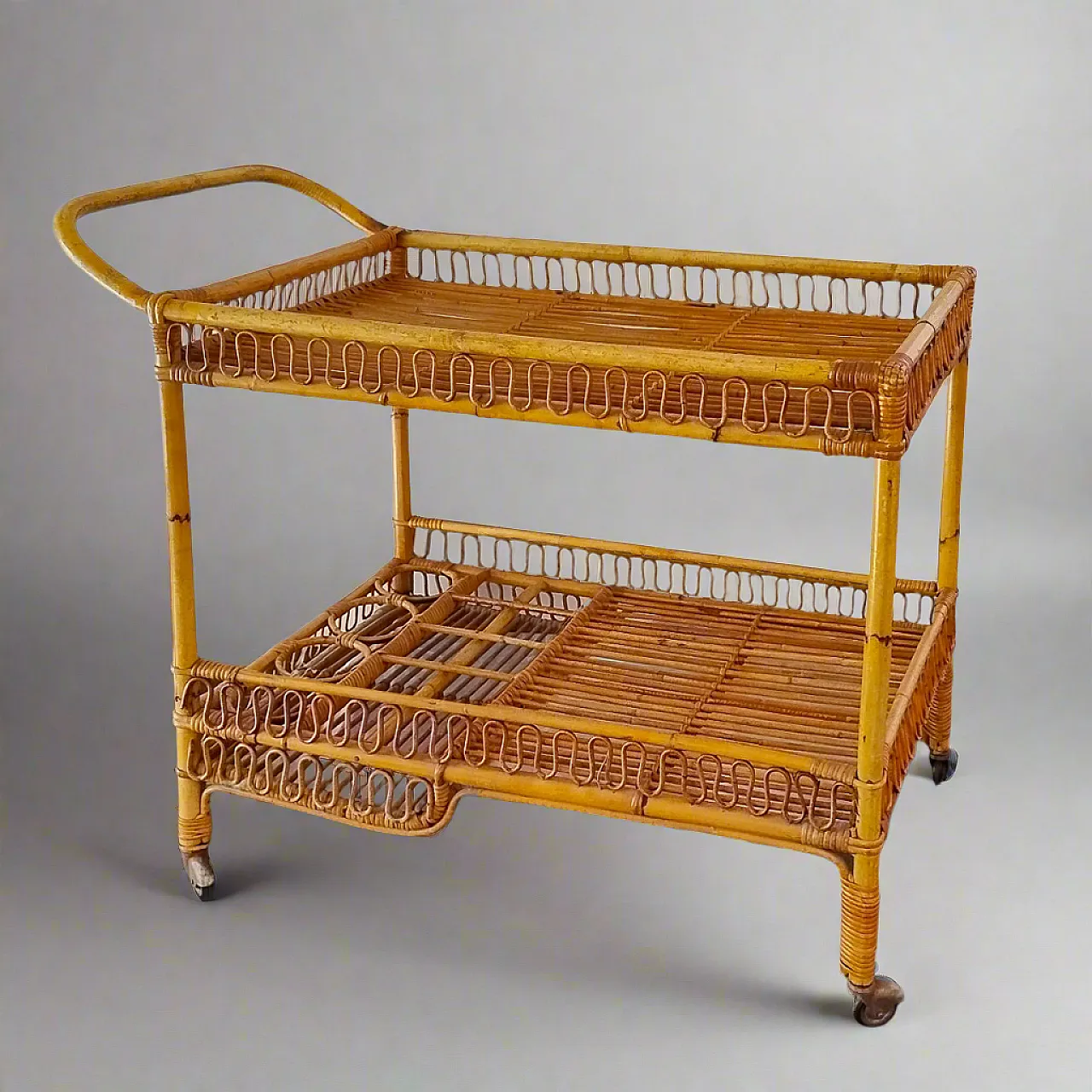 Bamboo & Rattan Serving Bar Cart Trolley by Franco Albini, 60s 4