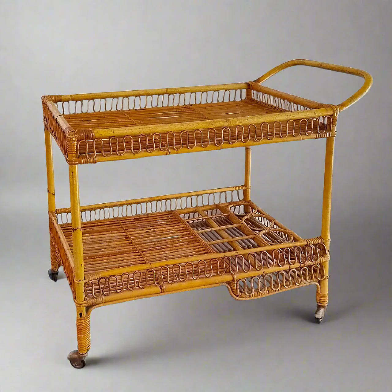 Bamboo & Rattan Serving Bar Cart Trolley by Franco Albini, 60s 5