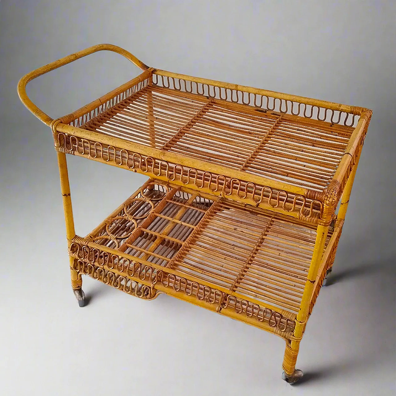 Bamboo & Rattan Serving Bar Cart Trolley by Franco Albini, 60s 6