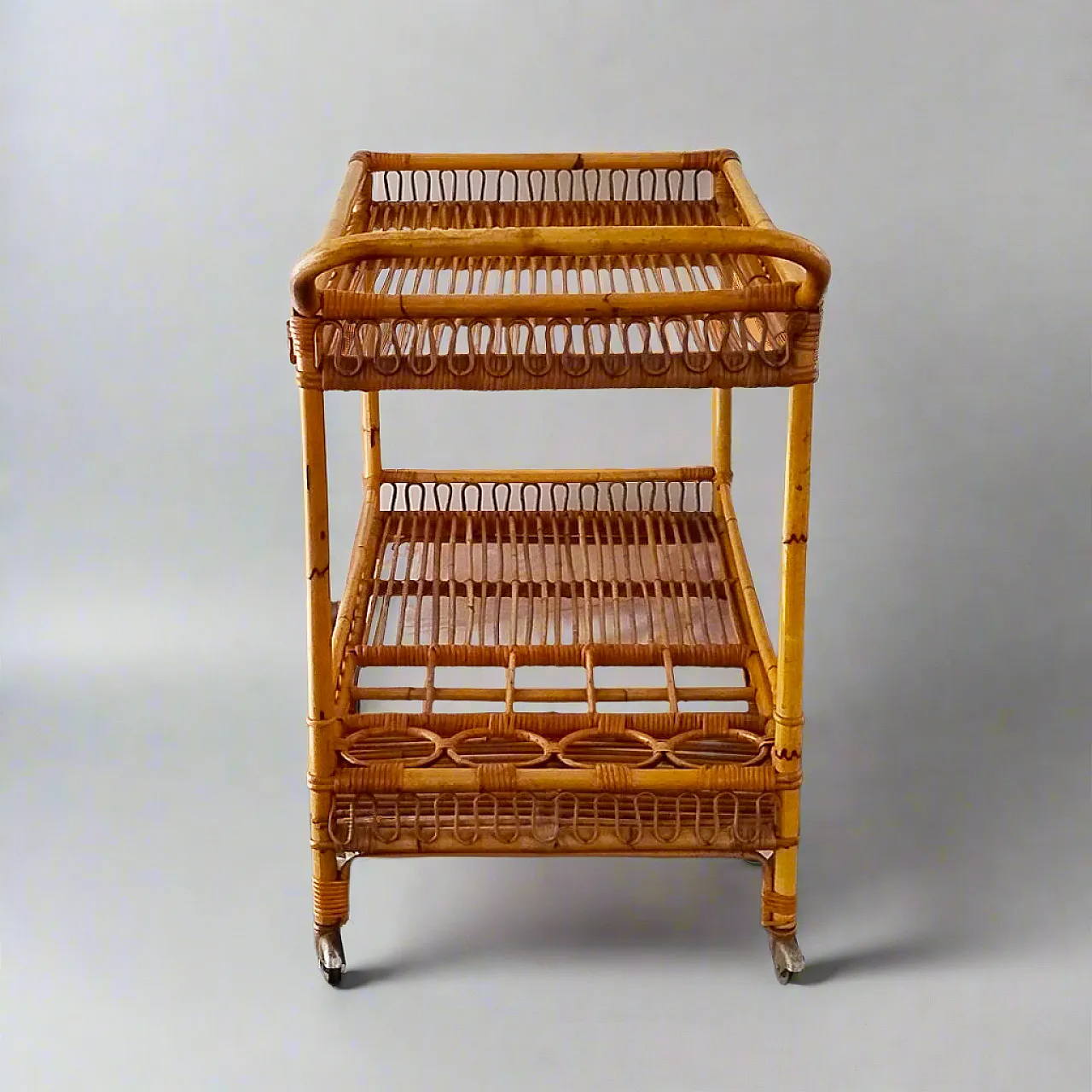 Bamboo & Rattan Serving Bar Cart Trolley by Franco Albini, 60s 7
