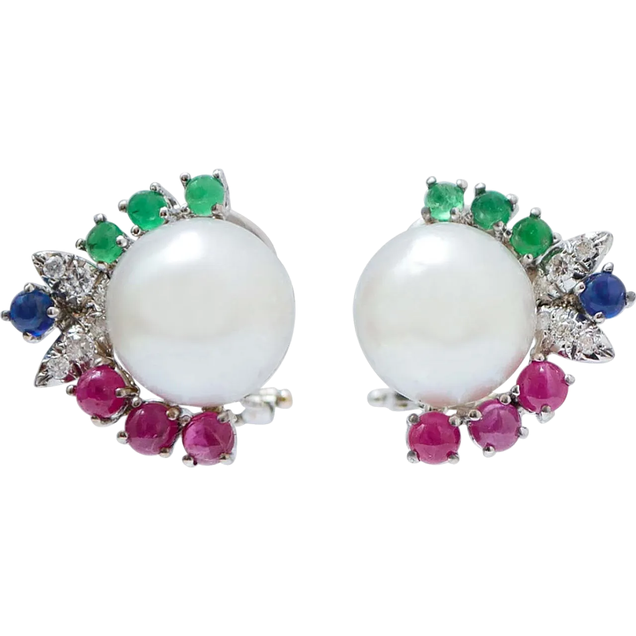 Earrings with pearls, rubies, emeralds, sapphires, white gold, 1970s 7