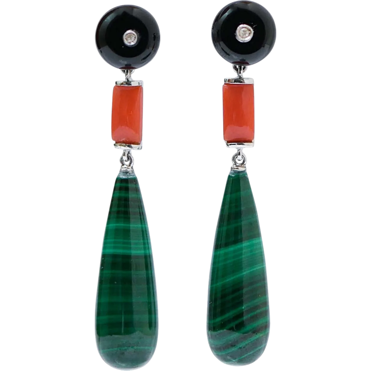 Earrings with onyx, coral, malakite, diamonds, platinum, 2000s 6