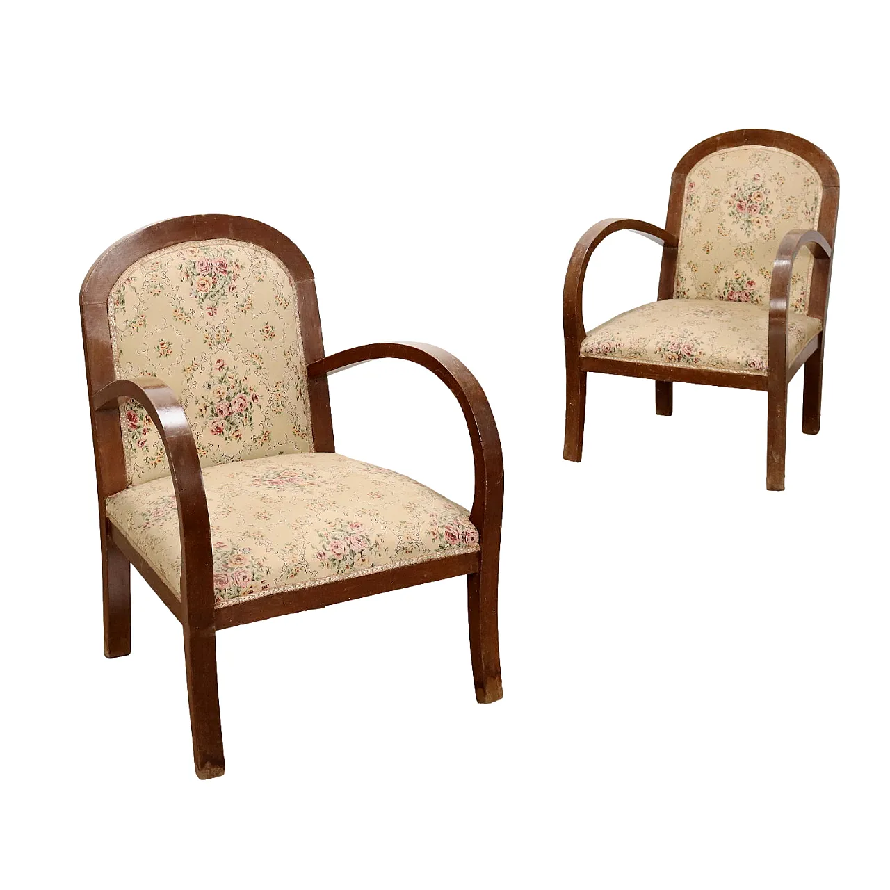 Pair of Art Deco armchairs in wood and fabric, early 20th century 1