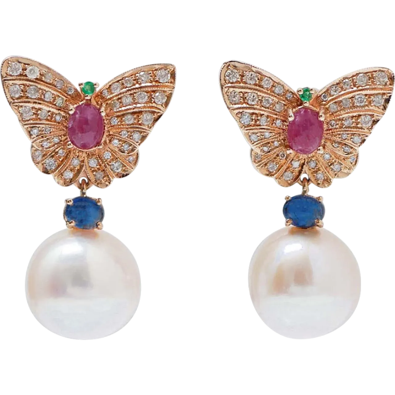 Orecchini in oro con perle, diamanti, rubini, zaffiri, smeraldi, 1970 7