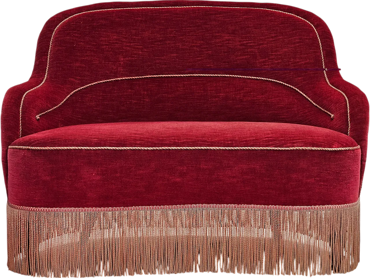 1950s, Danish 2-seater curved sofa, cherry-red furniture velour. 16