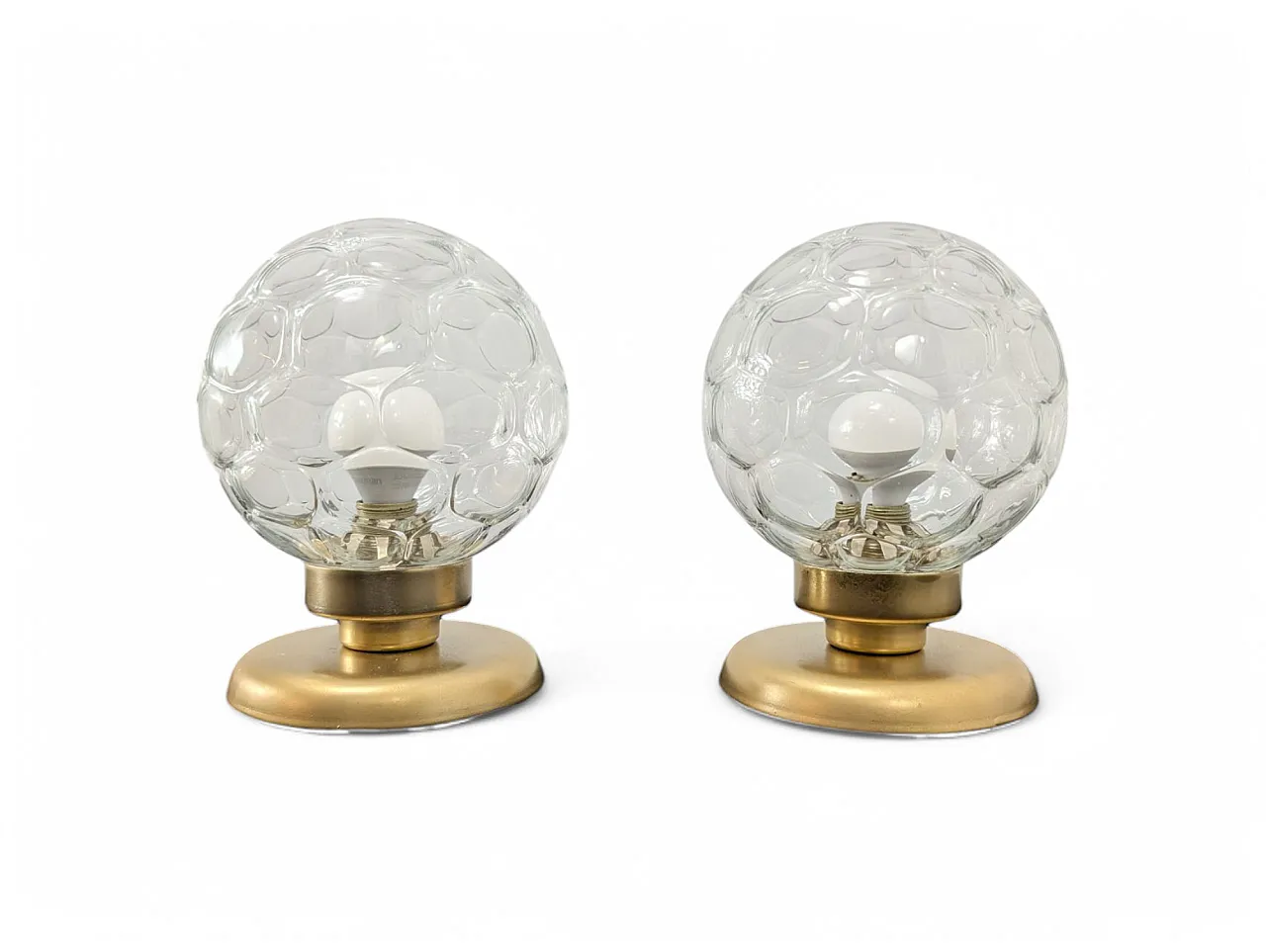 Pair of brass table lamps and 70s blown glass 1