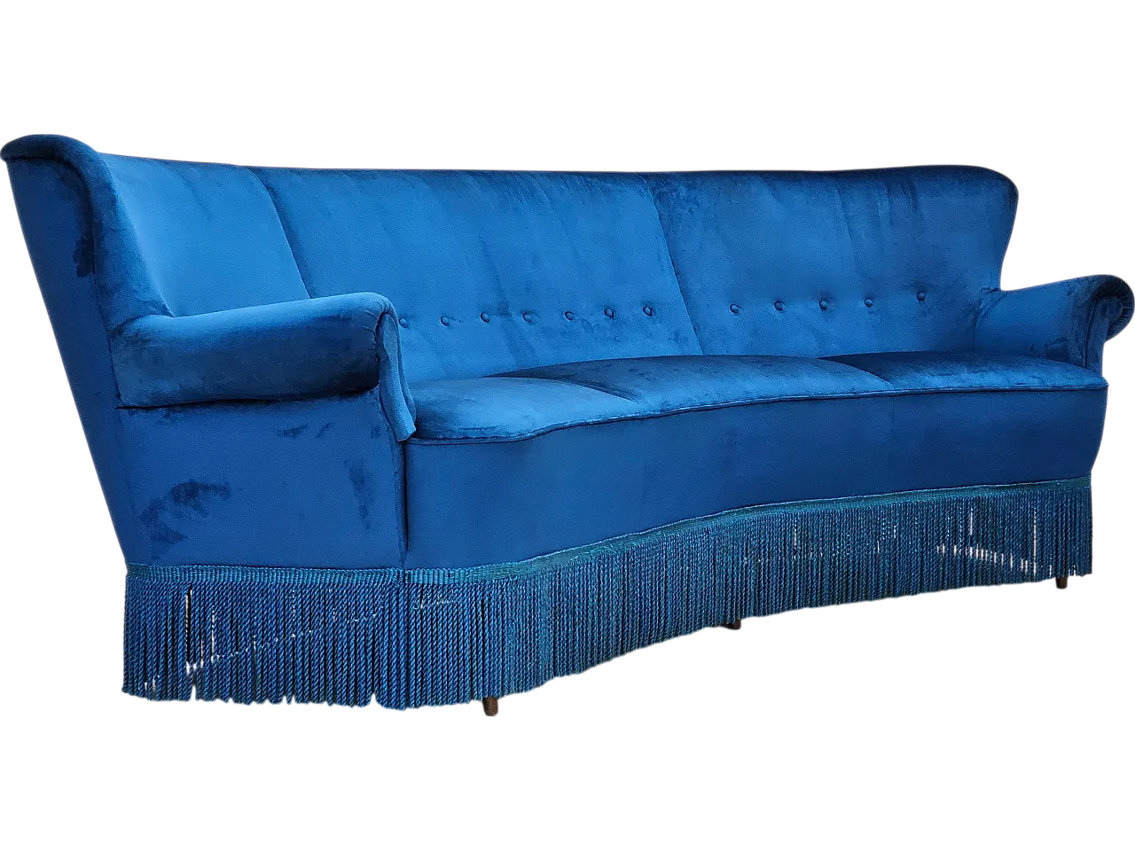 Danish 3-seater curved sofa blue velour and beech wood, 60s 22