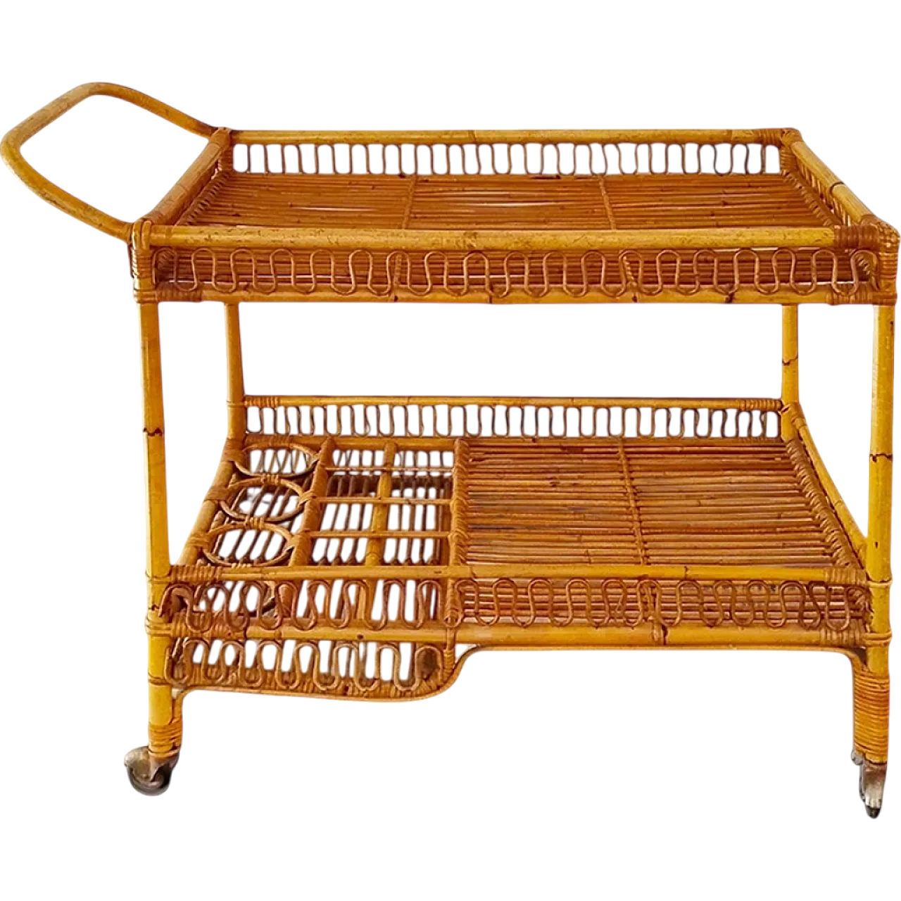 Bamboo & Rattan Serving Bar Cart Trolley by Franco Albini, 60s 10