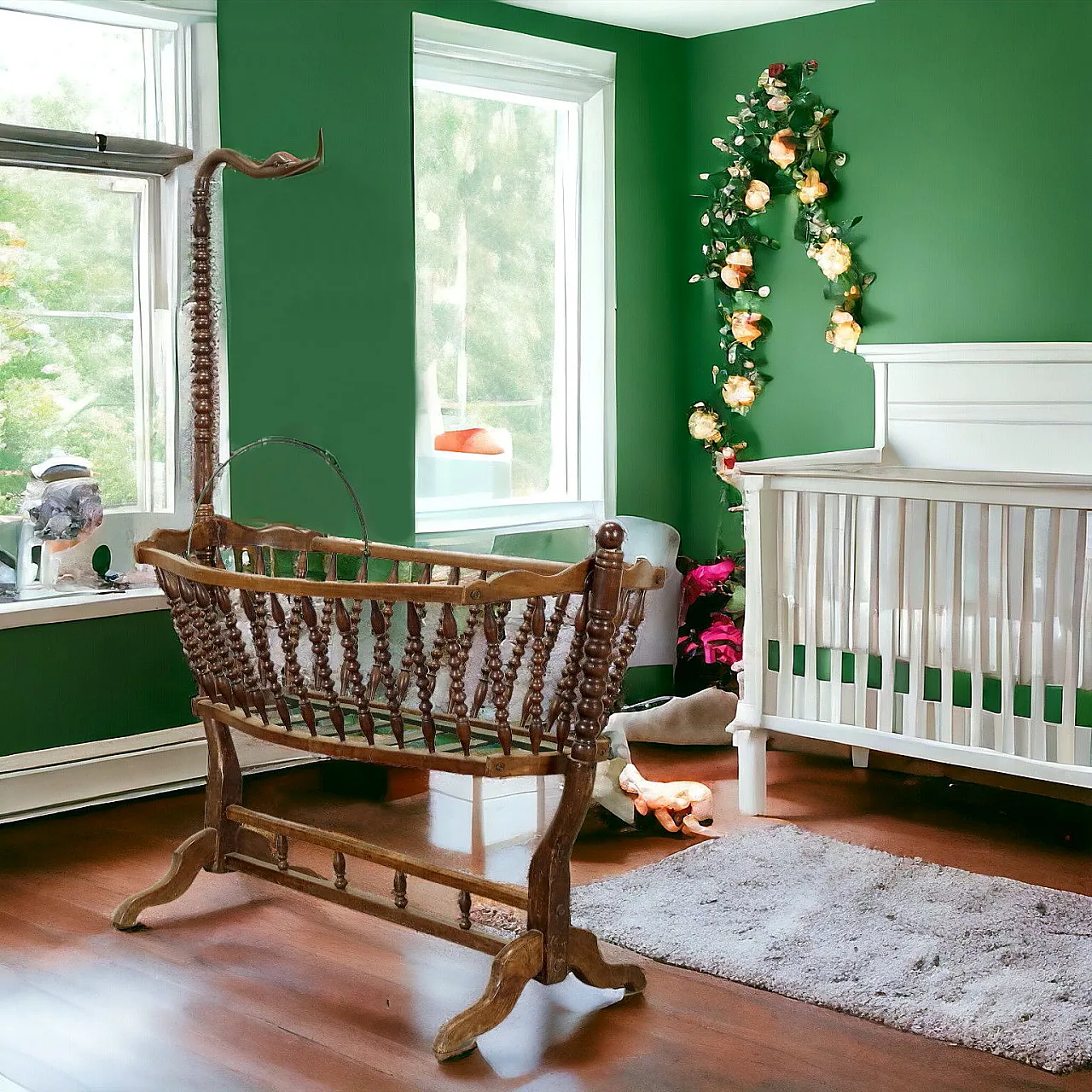 Culla in faggio decorata con testa di cigno, inizio '900 9