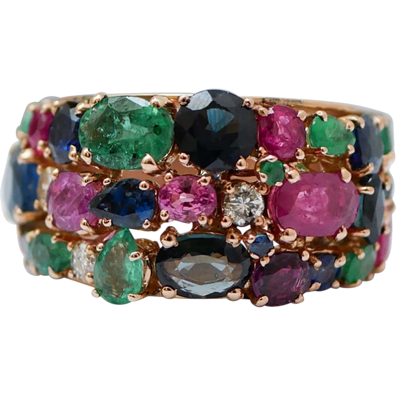 Gold ring with rubies, emeralds, sapphires, diamonds, 1970s 7