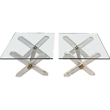 Coppia di tavolini X in lucite e cromo con ripiani in vetro, anni '70