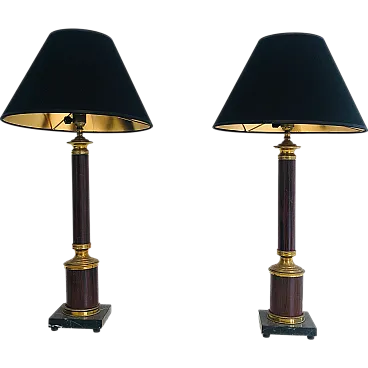 Coppia di lampade da tavolo in metallo finto-bois e ottone, anni '40