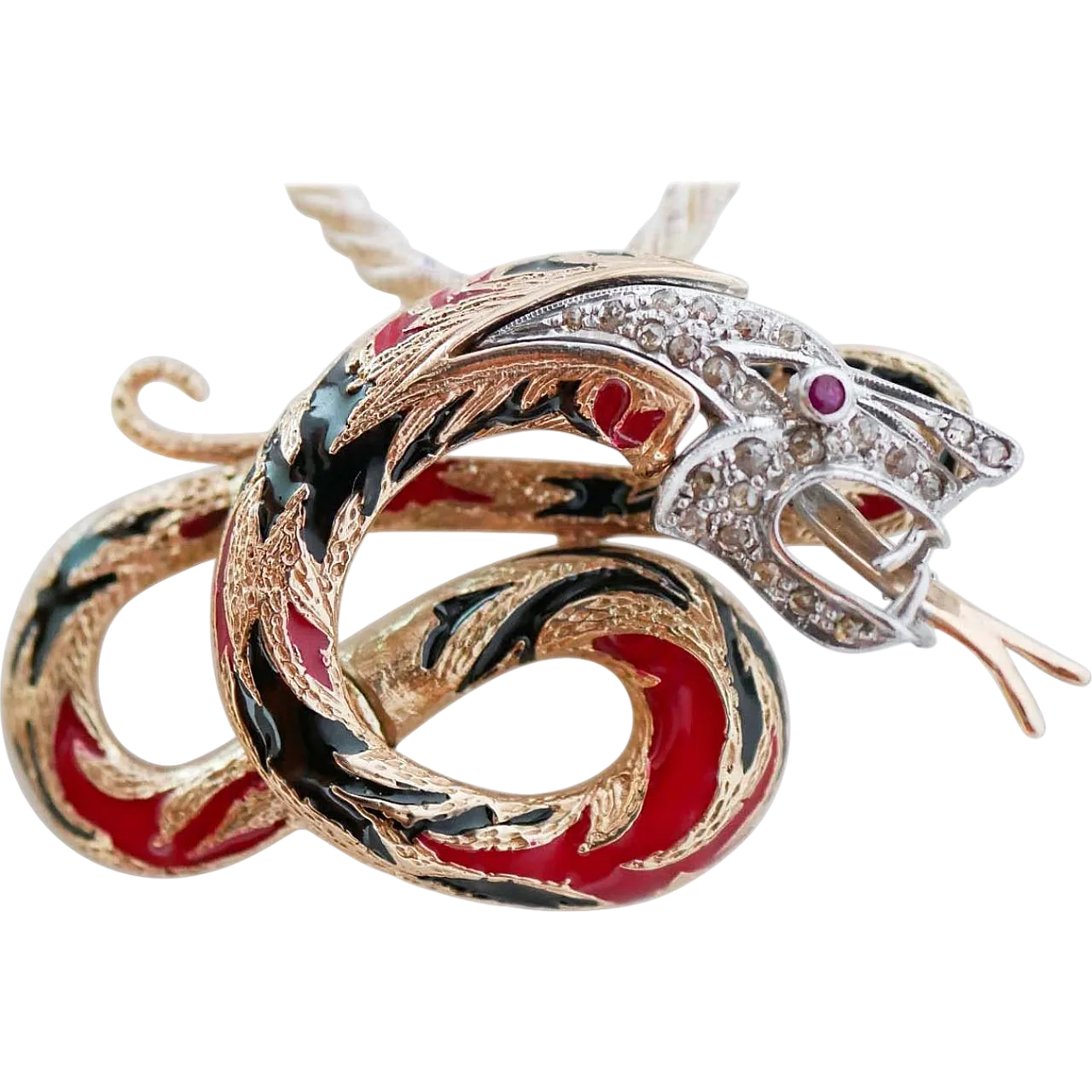 Gold and silver dragon pendant with rubies, diamonds, enamel, 1970s 9