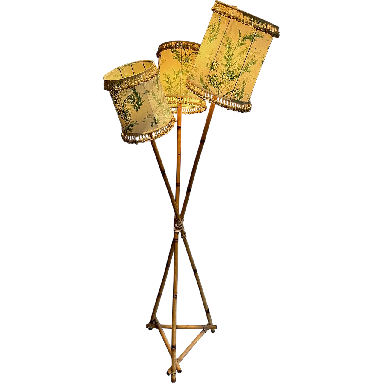 Lampada da terra a 3 luci in bambù e corda, anni '70 21