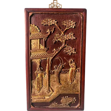 Pannello in legno della dinastia Qing con figure in rilievo, fine '800