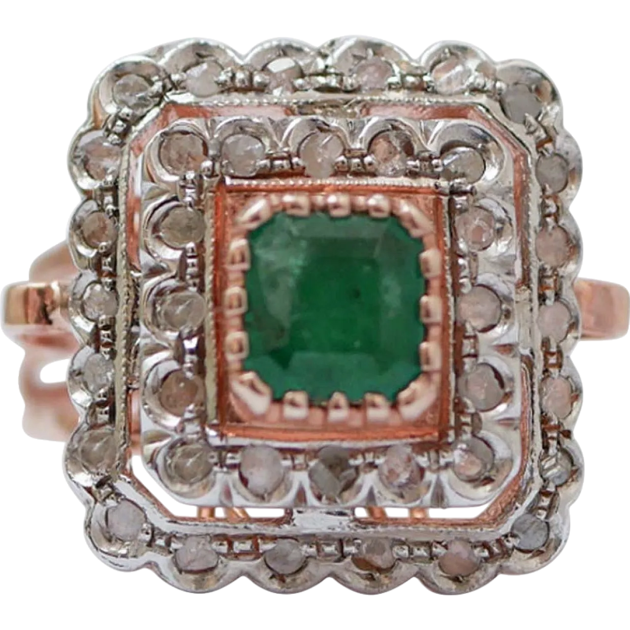 Anello con smeraldo, diamanti, oro rosa e argento, anni '60 7