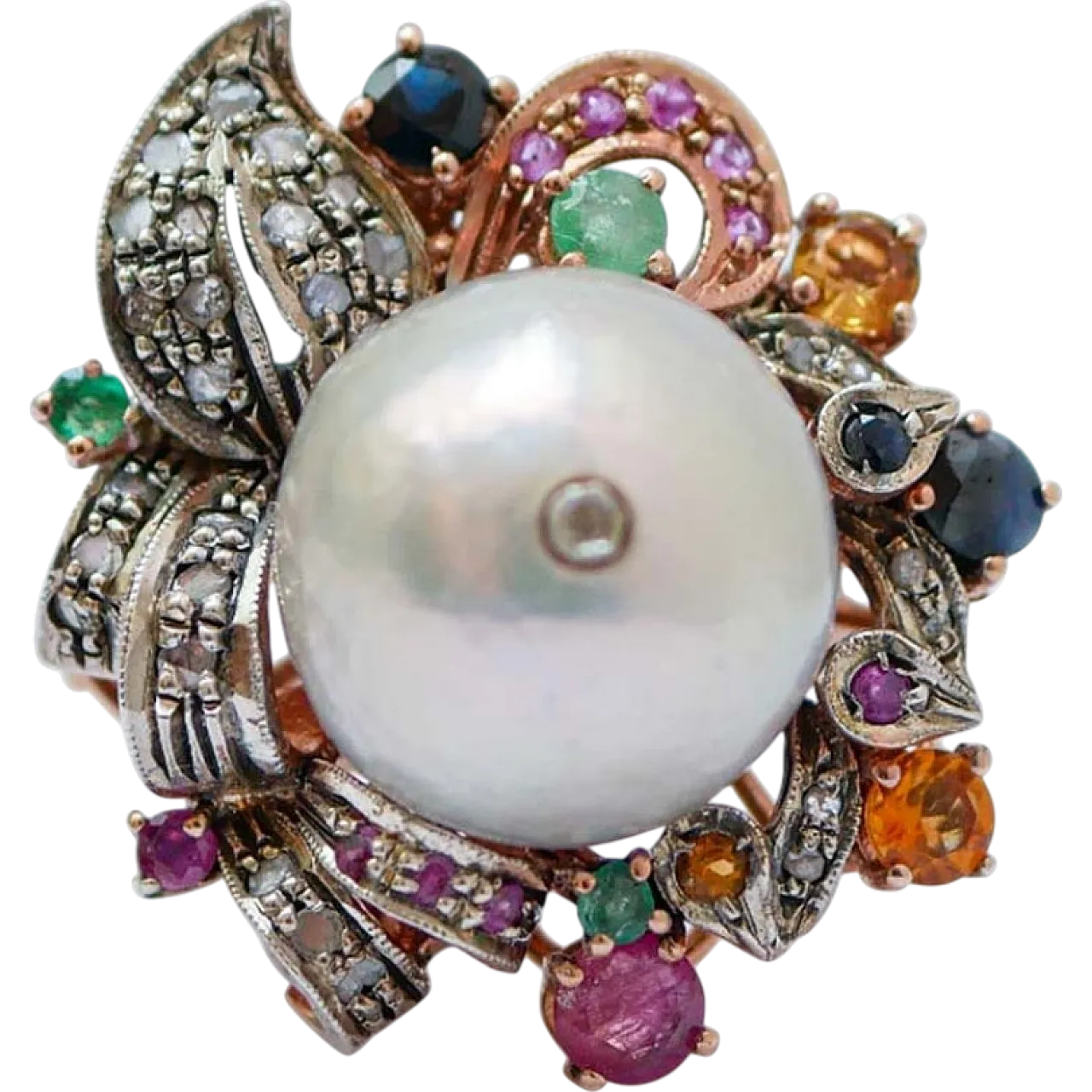 Ring with pearl, emeralds, diamonds, sapphires, rubies, 1960s 7