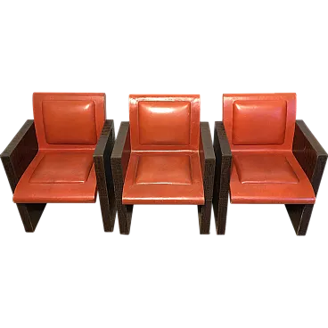 3 Poltrone in pelle arancione e marrone, anni '70
