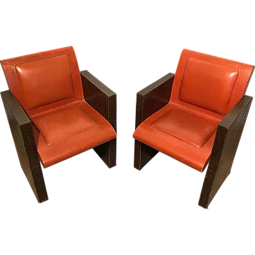 Coppia di poltrone in pelle arancione e marrone, anni '70