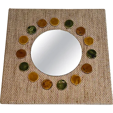 Specchio in rafia e ceramica colorata, anni '50