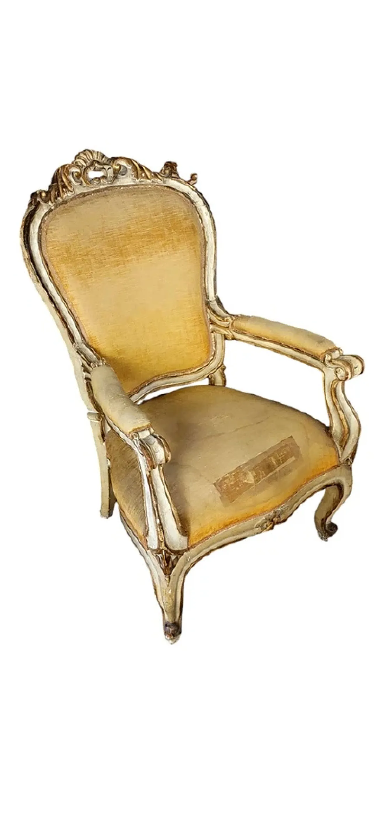 Poltrona in legno dorato e laccato e tessuto, '800 1