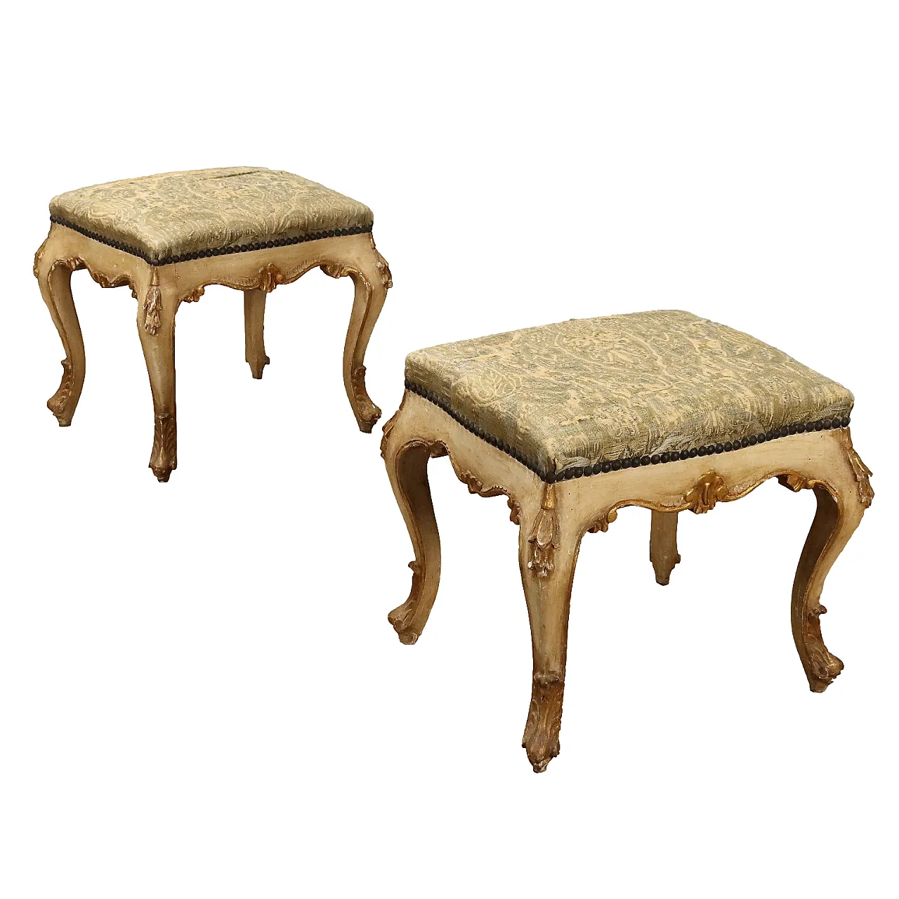 Coppia di Poufs in legno dorato e tessuto broccato, '800 1