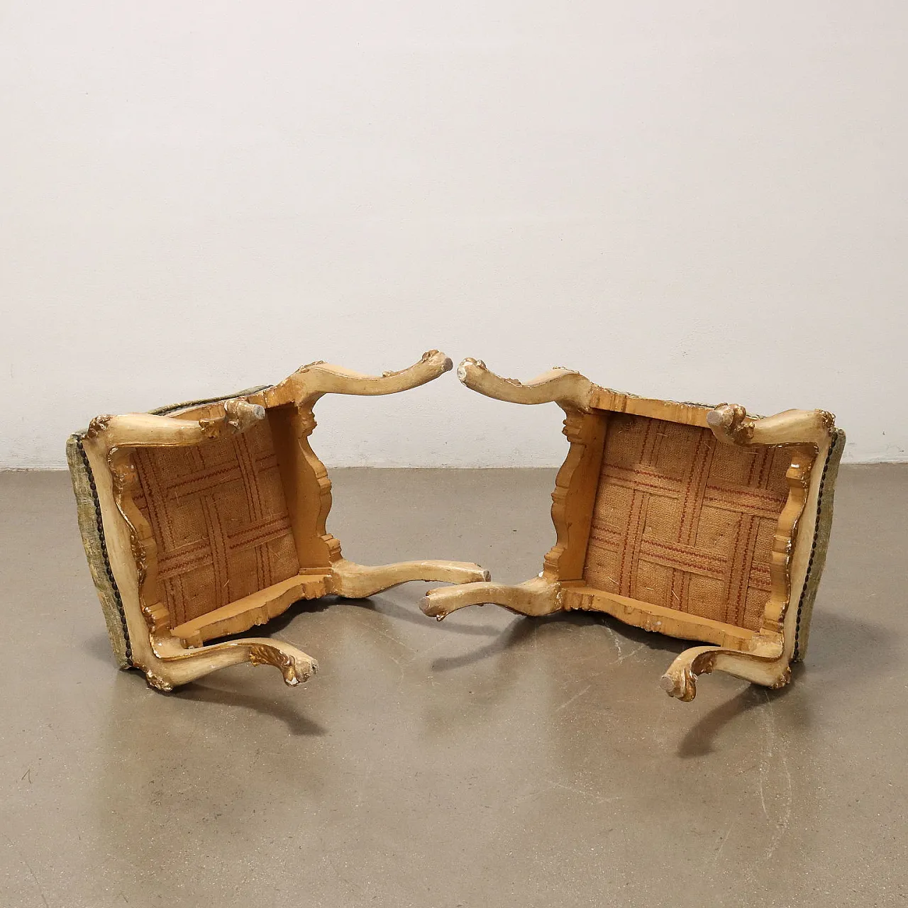 Coppia di Poufs in legno dorato e tessuto broccato, '800 8