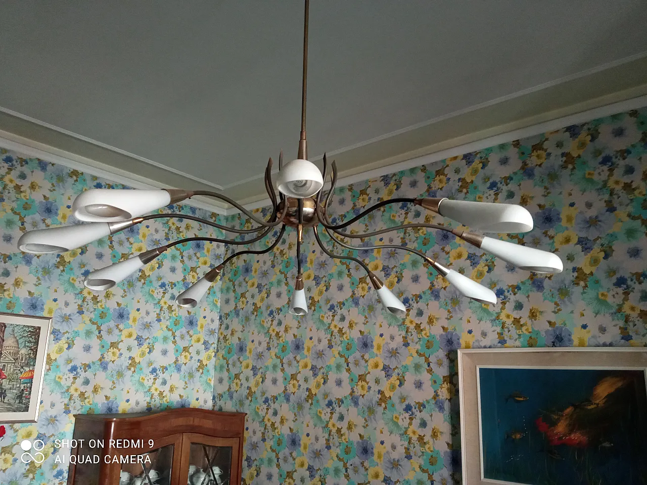 Lampadario vintage in ottone e vetro 1
