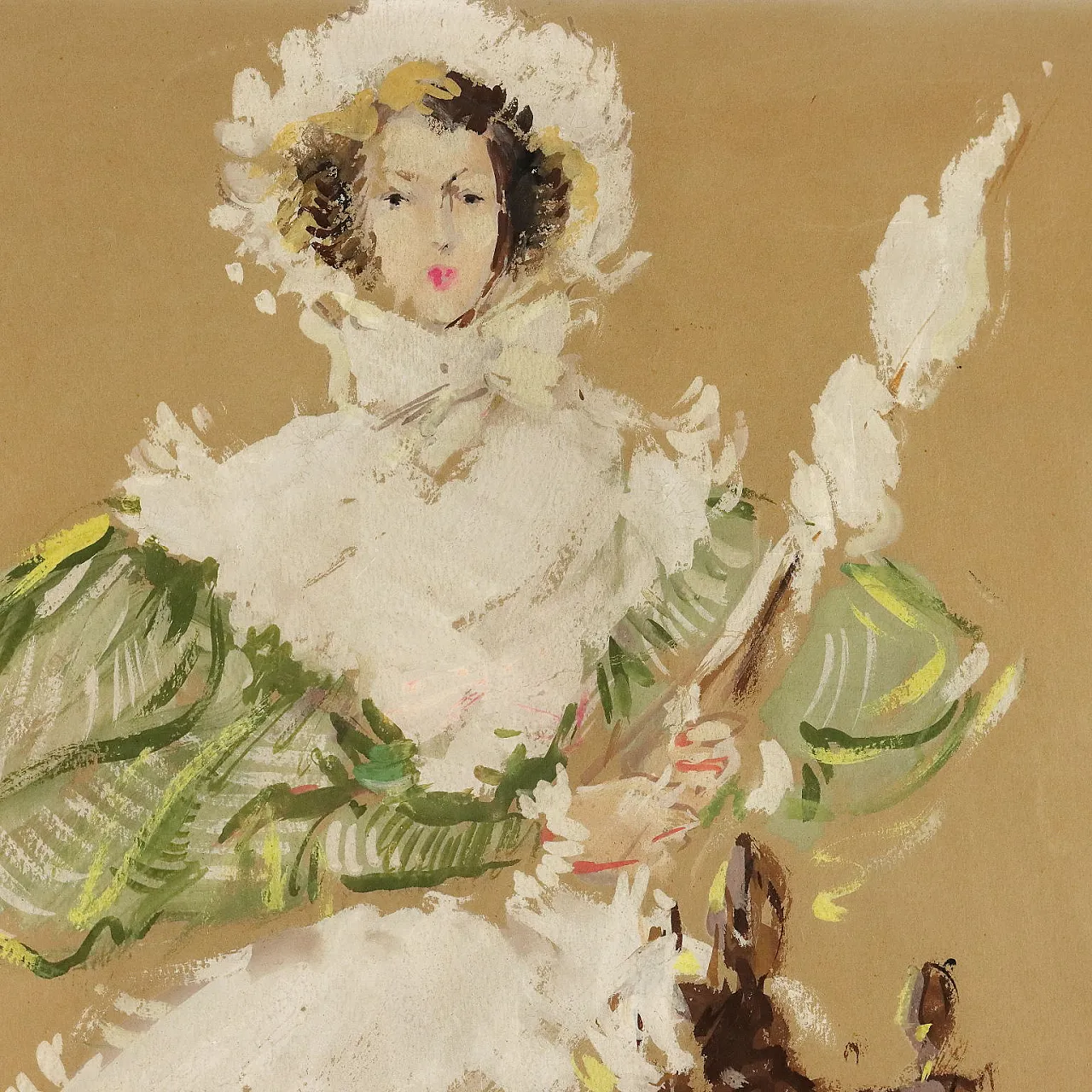 Gino Simonetti, woman at the spinning wheel, tempera painting on paper 1