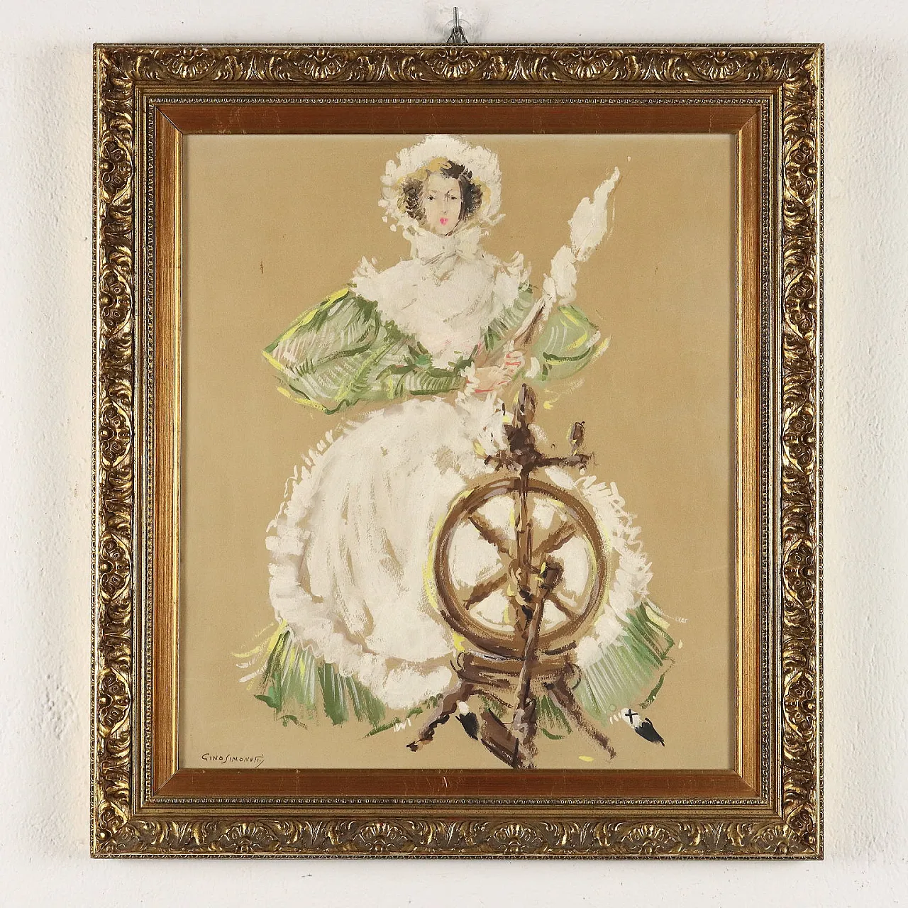 Gino Simonetti, woman at the spinning wheel, tempera painting on paper 2