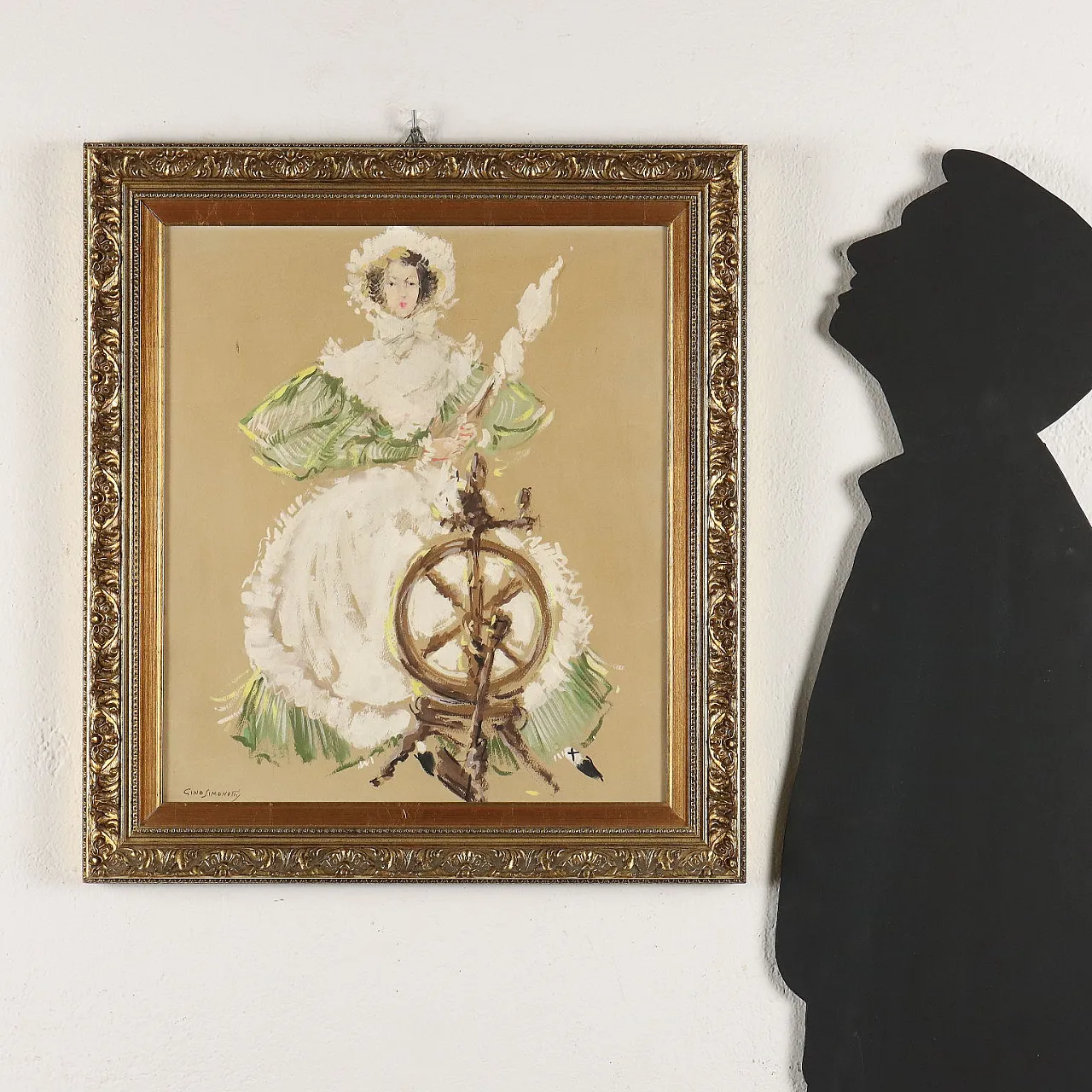 Gino Simonetti, woman at the spinning wheel, tempera painting on paper 3