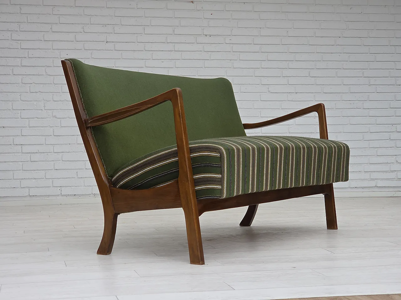 Danish 2-seater sofa wool, beech wood, 60s 1
