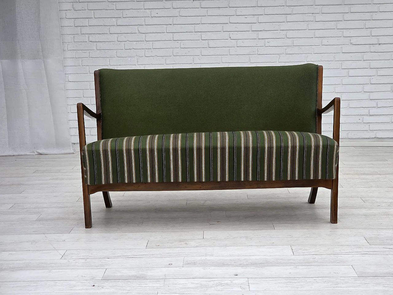 Danish 2-seater sofa wool, beech wood, 60s 2