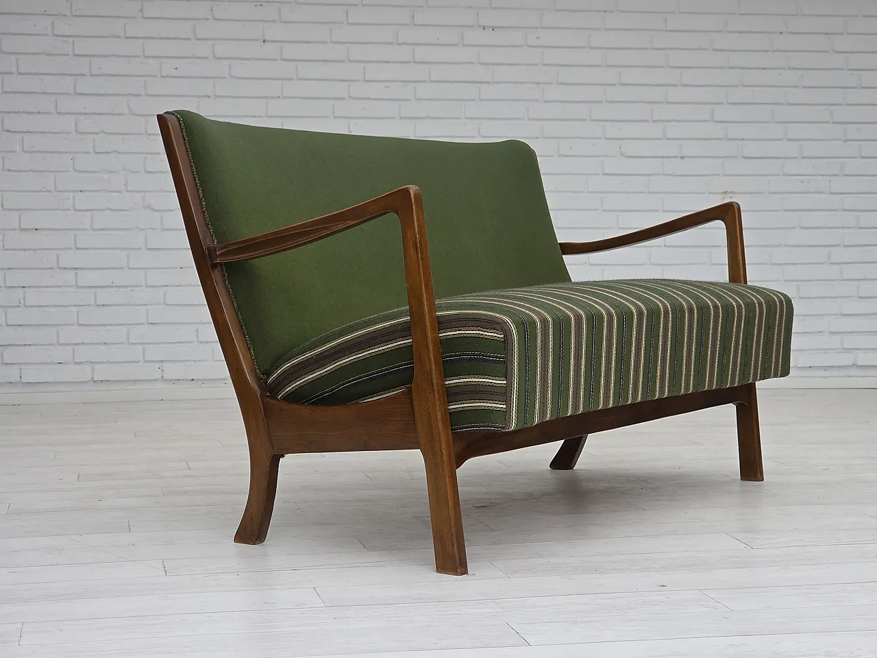 Danish 2-seater sofa wool, beech wood, 60s 3